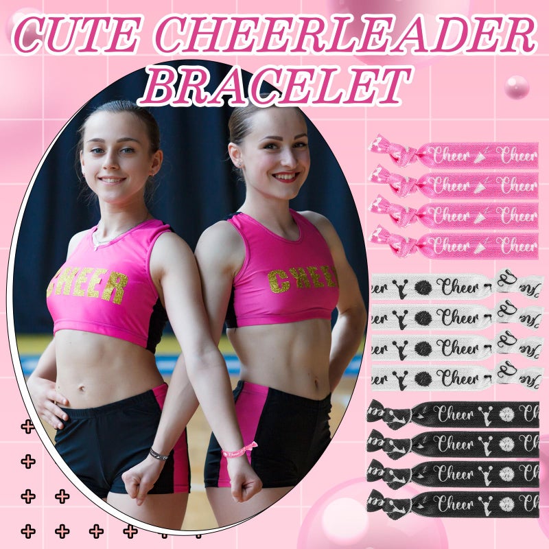 Hanaive 24 Pcs Cheerleader Gifts Cheer Bracelets Hair Ties Elastic Cheer Hair Accessories Cheerleader Ponytail Holder Wristbands for Girls Women Teams(Black, White, Pink) - Image 3